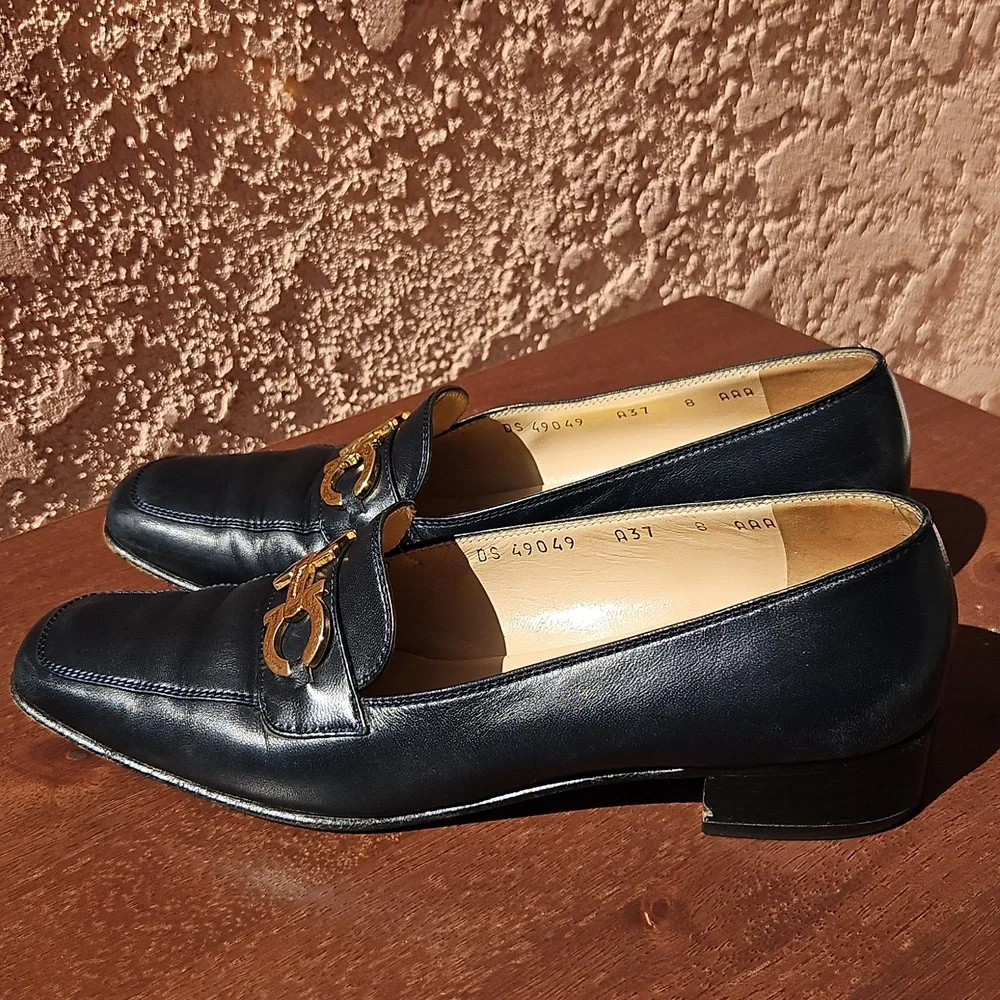Salvatore Ferragamo Gancini Navy Leather Loafers Size 8 - Picture 7 of 14